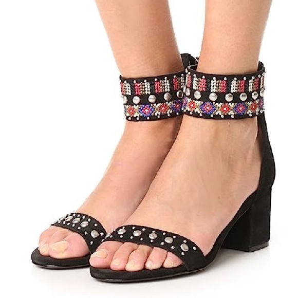 New Schutz Naharis Black Leather Embellished Dress Sandal with Block Heel Size 6 - Picture 2 of 5